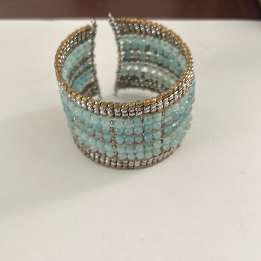 Elegant Beaded Cuff Bracelet in Gold and Blue
